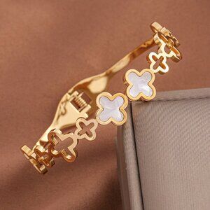 18K Gold Plated Stainless Steel Hollow, Pearly White Inlay Hinge Bangle